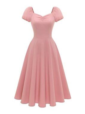 1950s Vintage Swing Midi Dress with Pockets Puff Sleeves